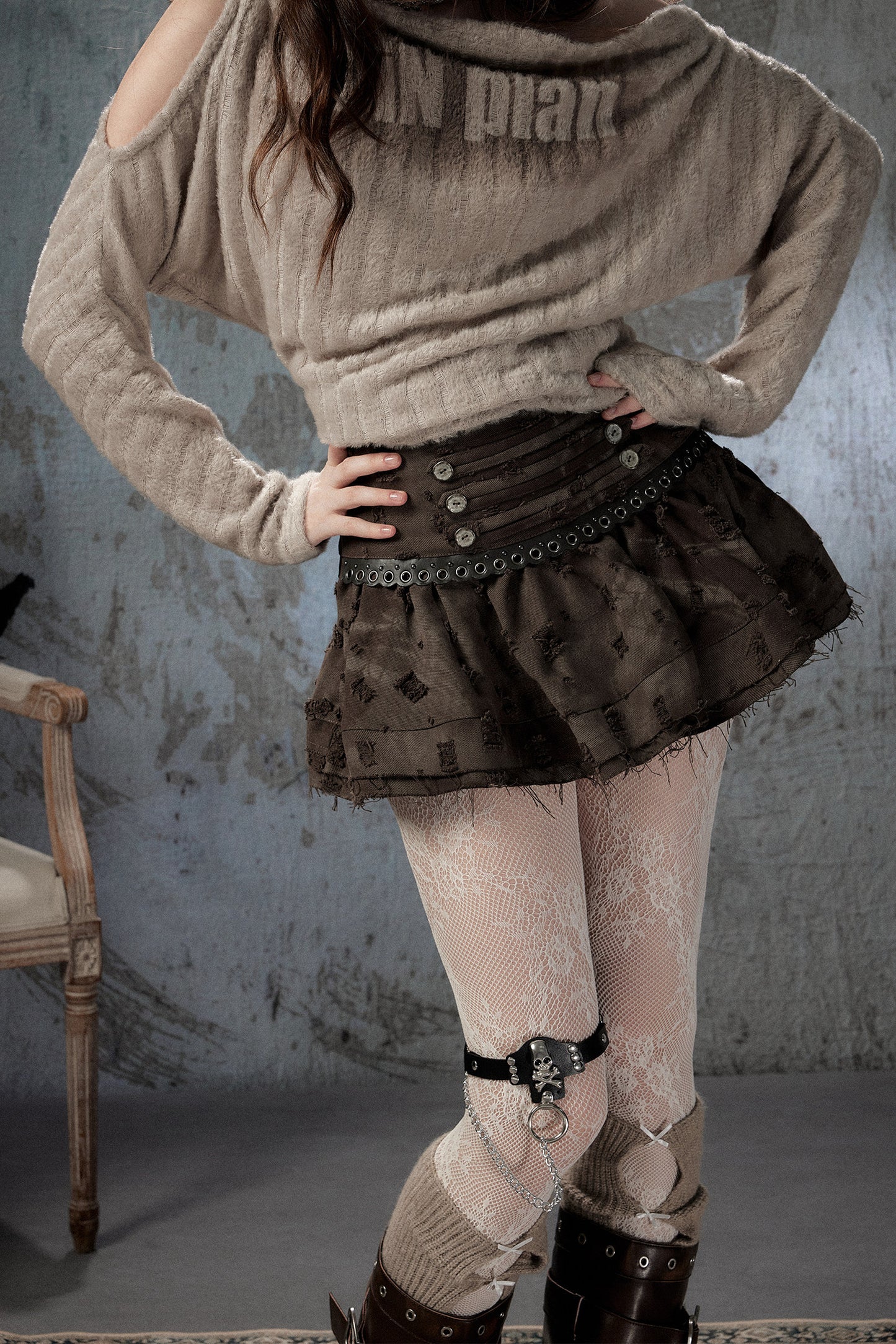 Vintage Distressed High-Waisted Skirt