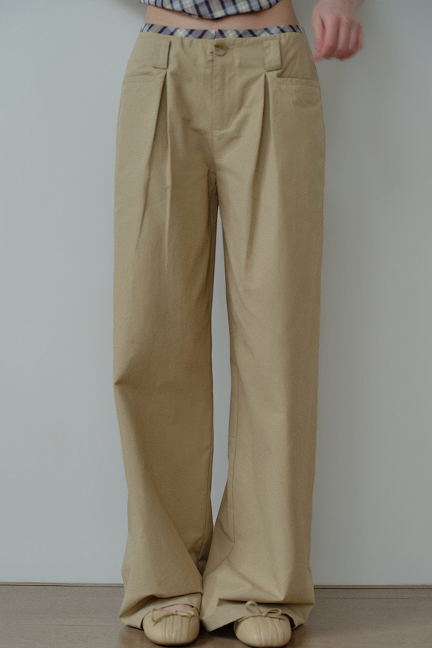 Khaki Plaid Waist Pleated Wide Leg Pants