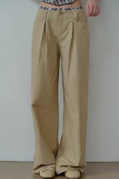 Khaki Plaid Waist Pleated Wide Leg Pants