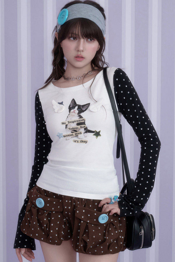 Cat Print Waist-Cinching T-shirt