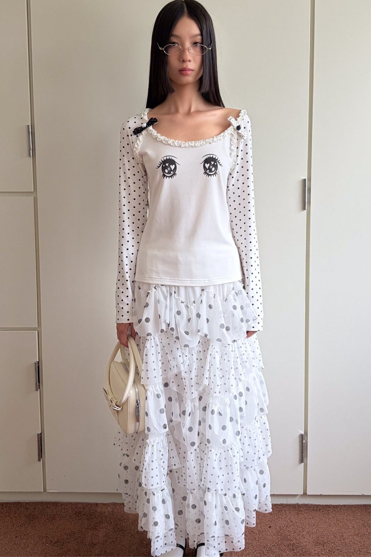 Polka Dot Eye Print Long Sleeve Top