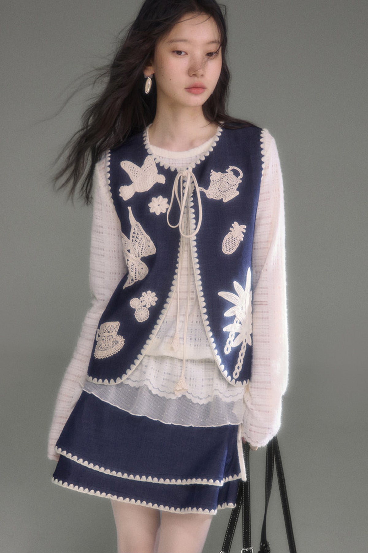 Plaid Lace Long Sleeve T-Shirt Skirt Set-Up