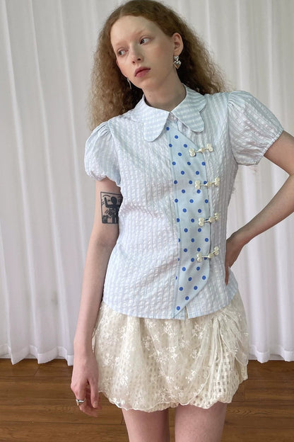 Blue Plaid Polka Dot Puff Sleeve Blouse