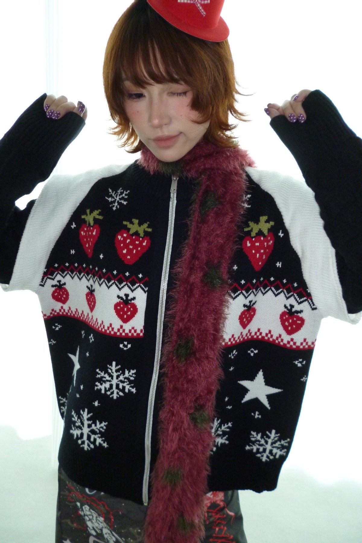 Strawberry Snowflake Zip Sweater