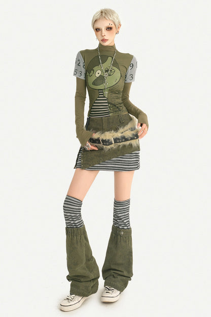 Printed Green Long-Sleeve Top and Skirt Set-Up