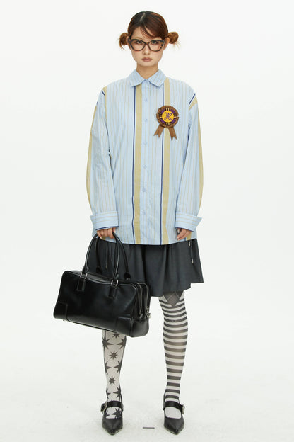 Blue Yellow Contrast Striped Long-Sleeved Shirt