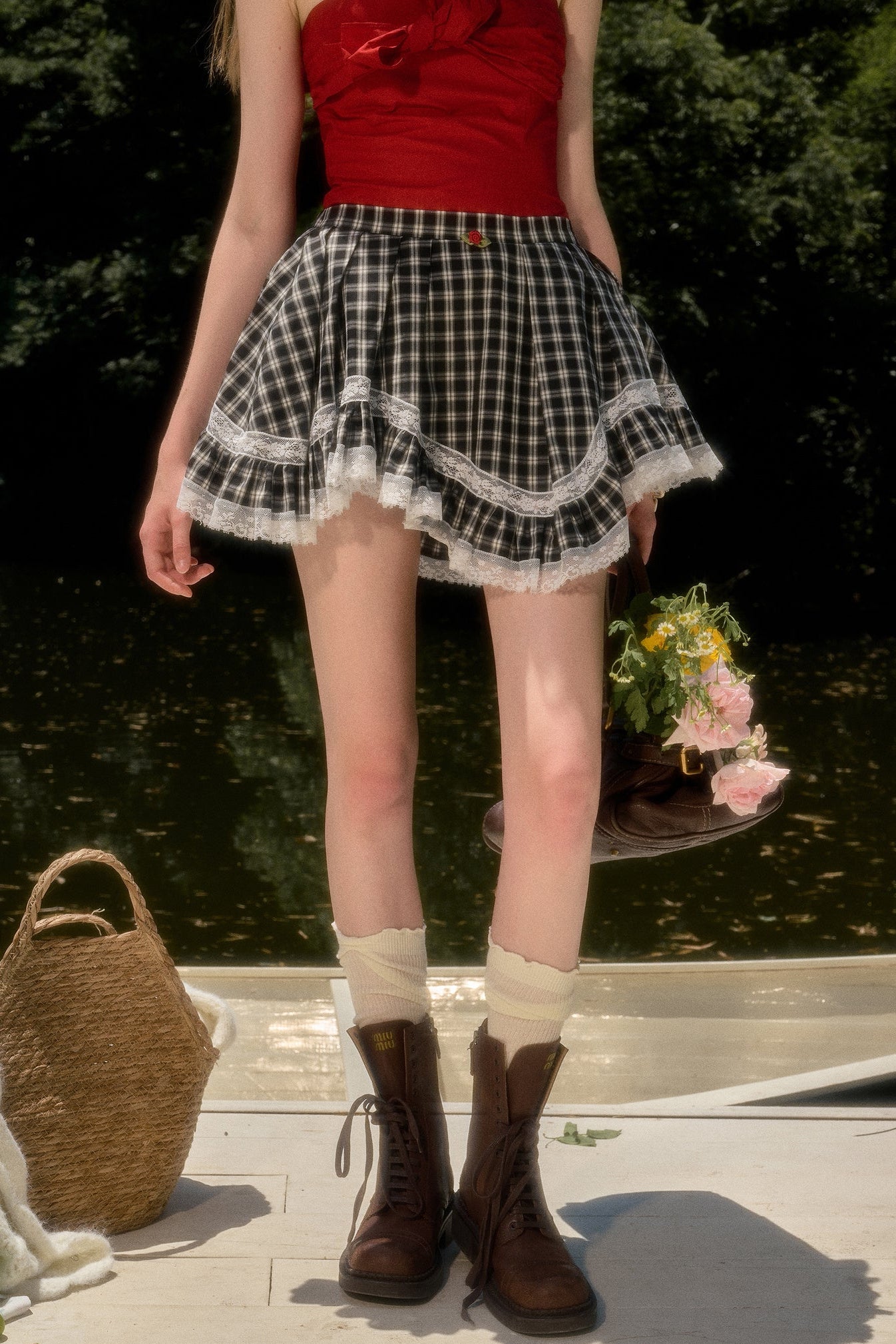 White Plaid Lace Skirt