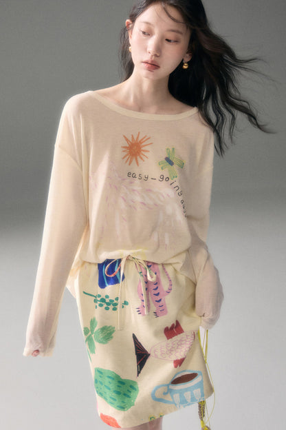 Long-Sleeve Fruit Vegetable Dog Print T-Shirt Set-Up