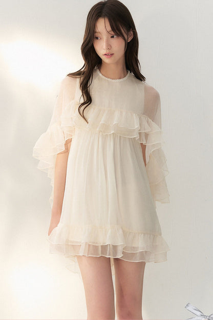 Beige Tulle Cape Ruffle Dress