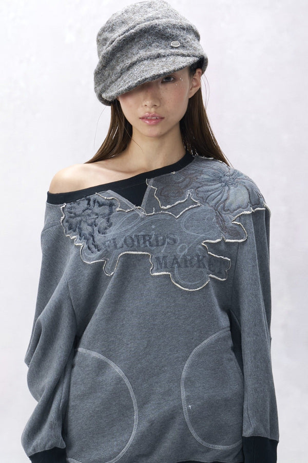 Off-Shoulder Letter Embroidered Sweatshirt
