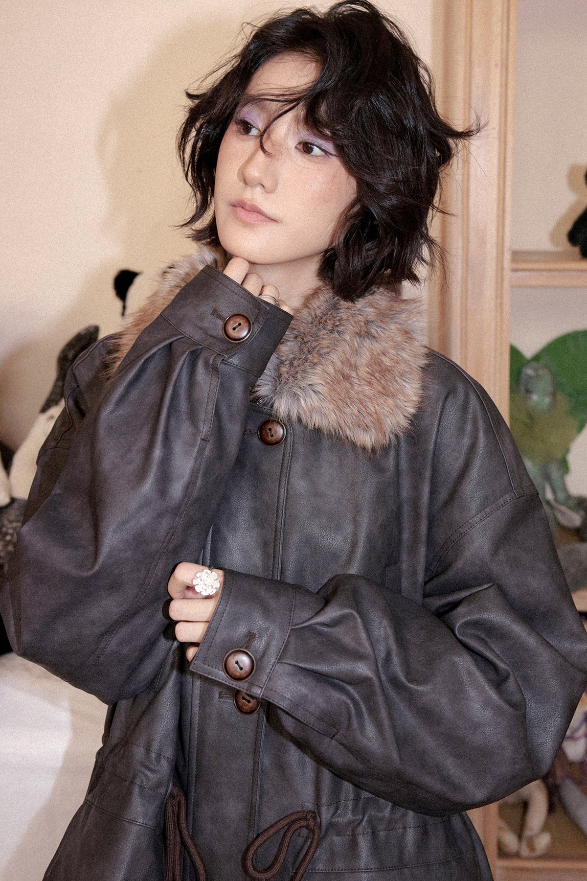 Fleece-Lined Detachable Fur Collar Leather Jacket