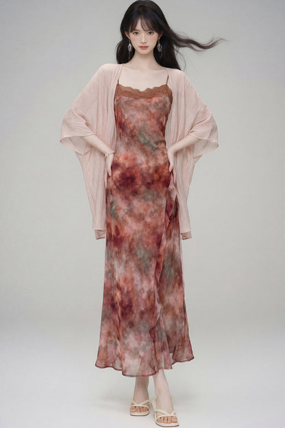 Gradient Print Suspender Dress with Cardigan Set-Up