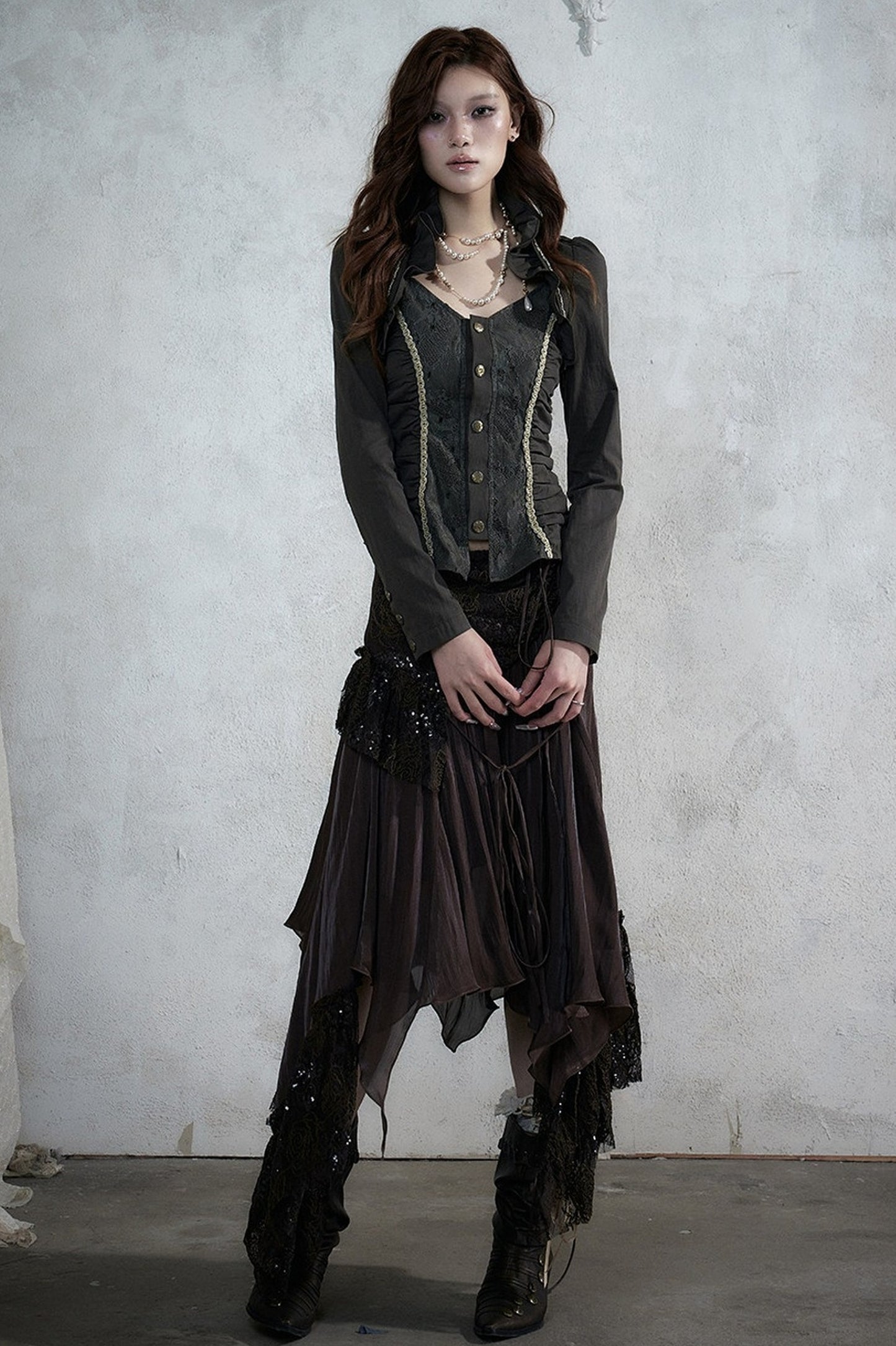 Lace Patchwork Ruched Layered-Look Shirt