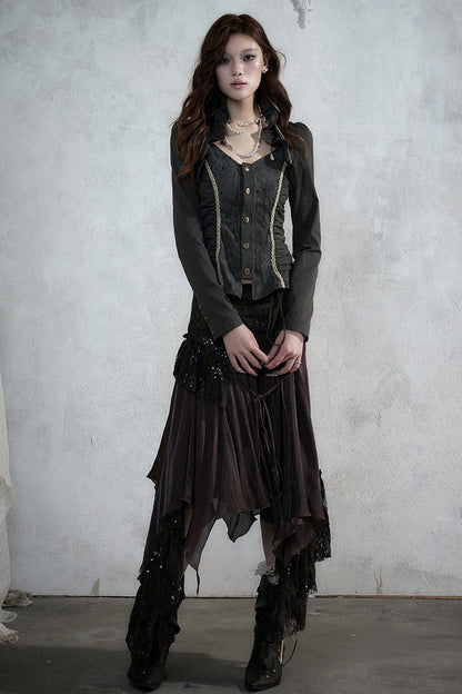 Lace Patchwork Ruched Layered-Look Shirt