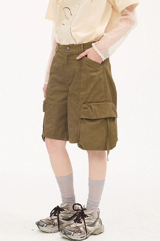 Khaki Washed Multi-Pocket Shorts