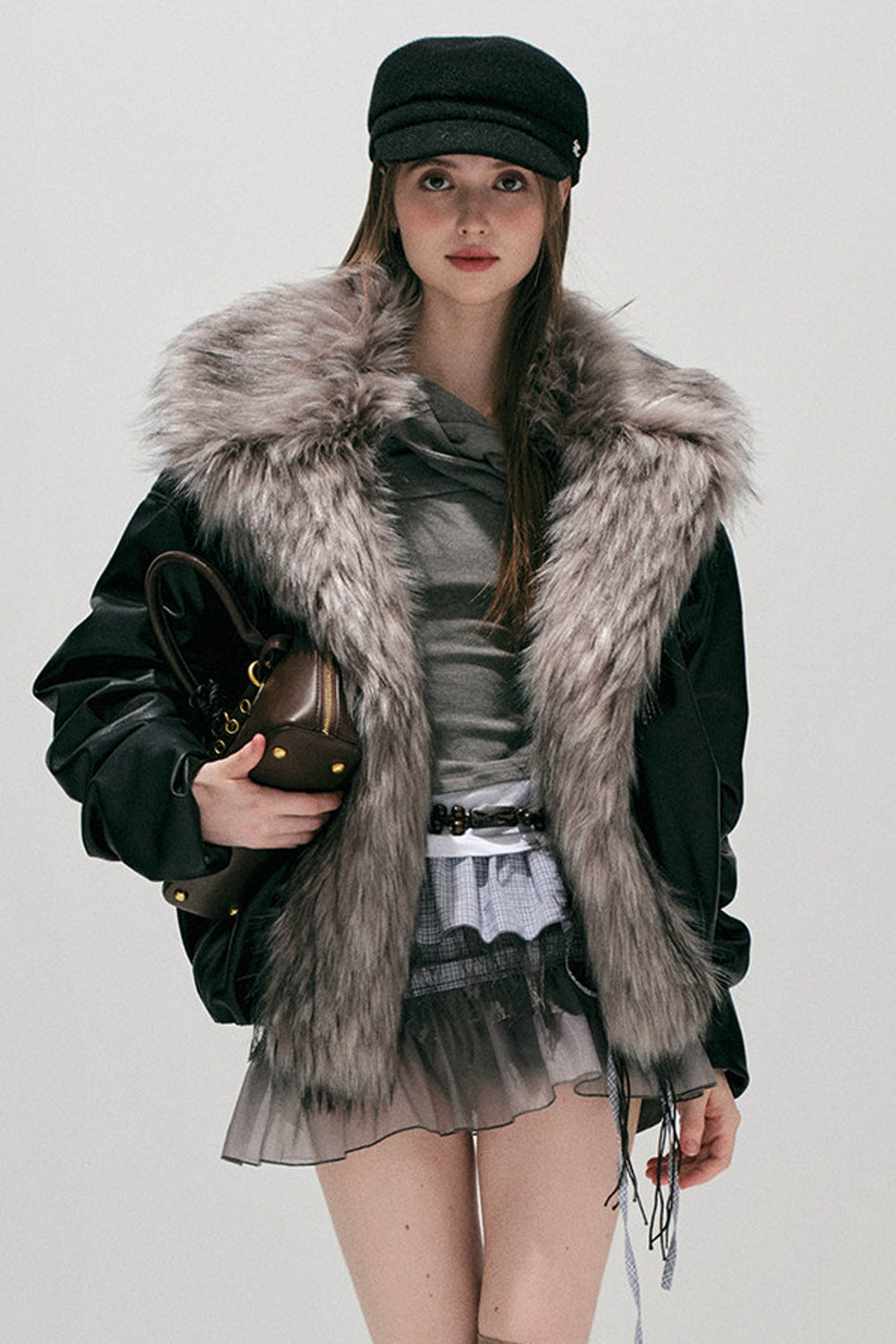 Large Fur Collar Leather Jacket