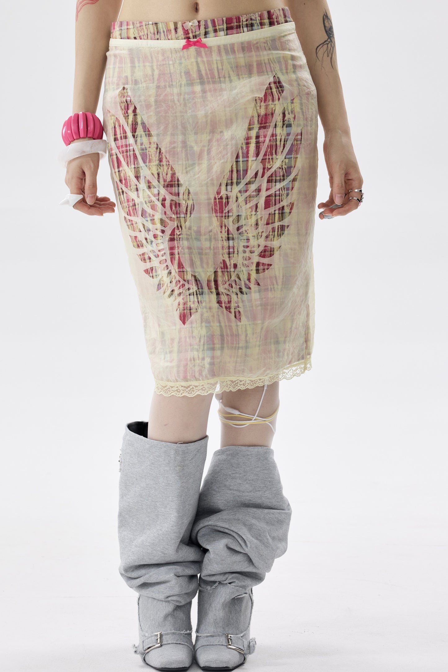 Plaid Organza Cut-Out Skirt