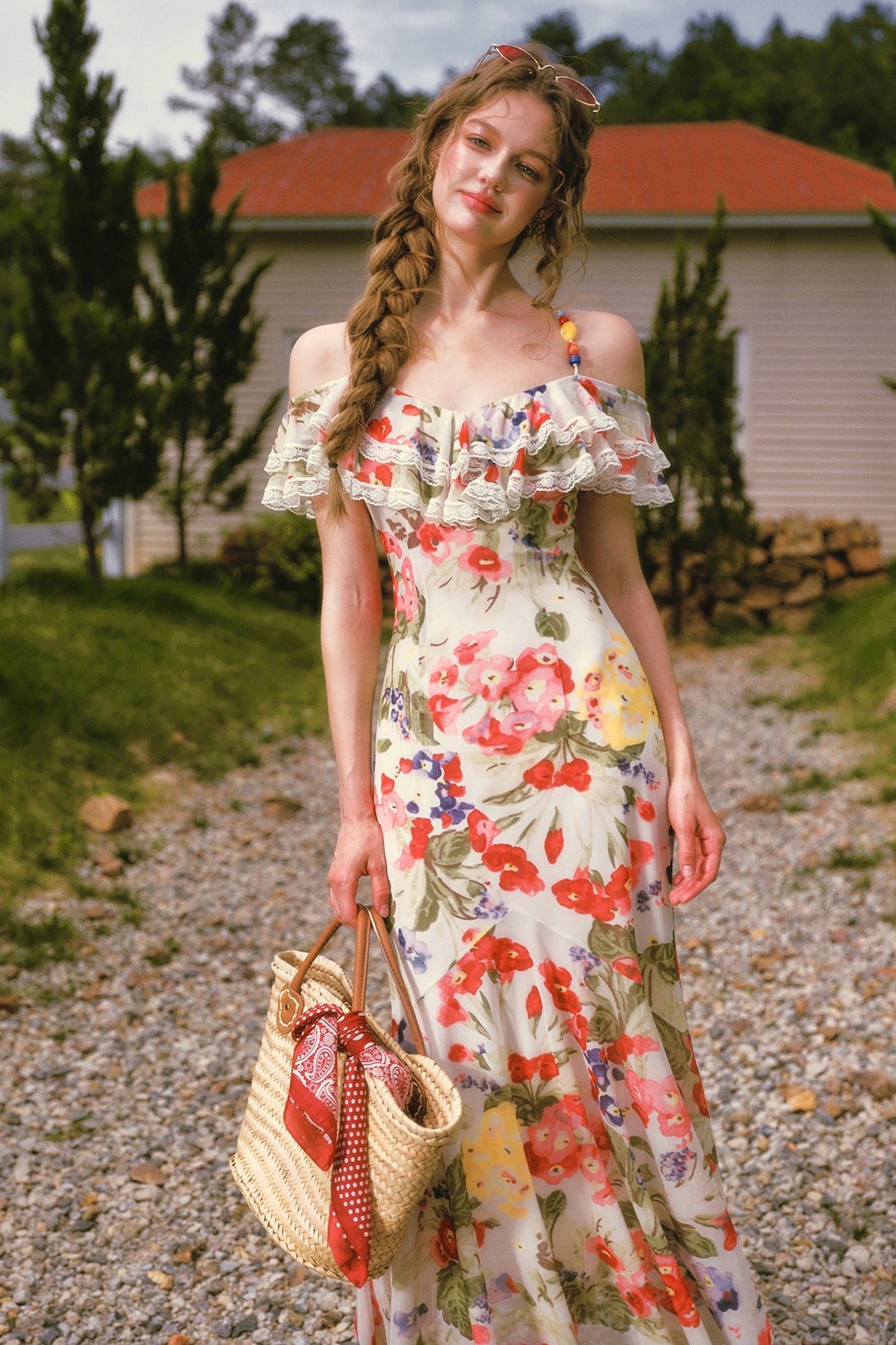 Floral Ruffled Elastic Mesh Long Dress