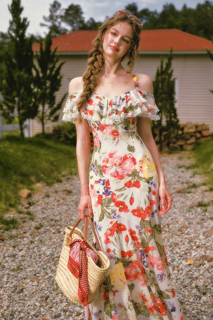 Floral Ruffled Elastic Mesh Long Dress