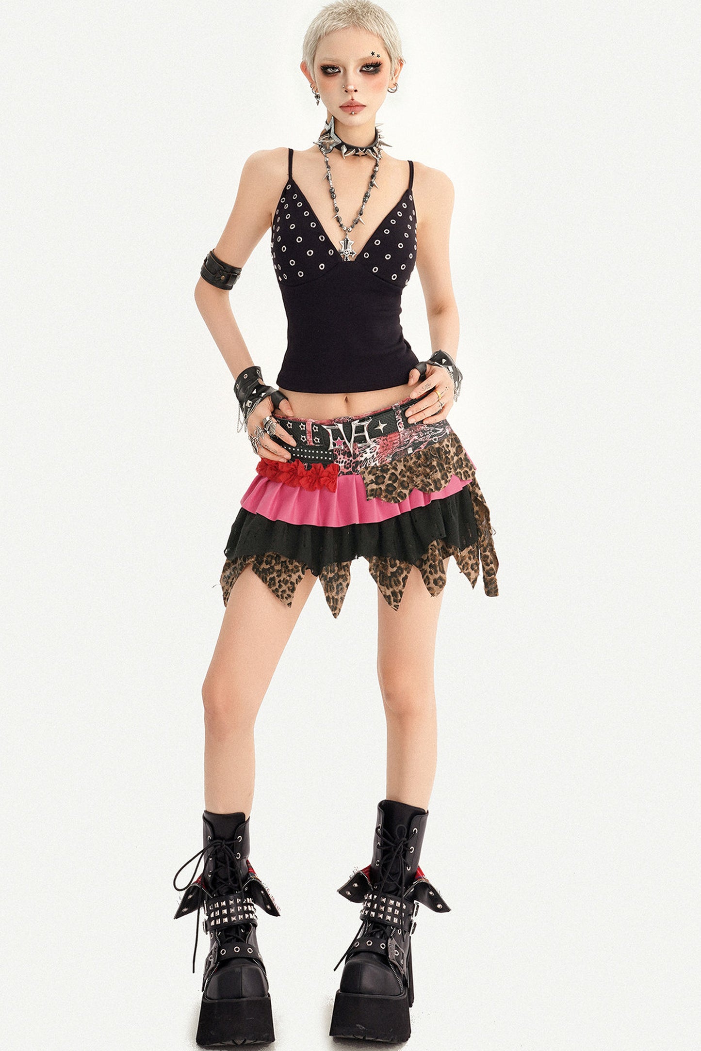 Y2K Leopard Patchwork Ruffle Skirt