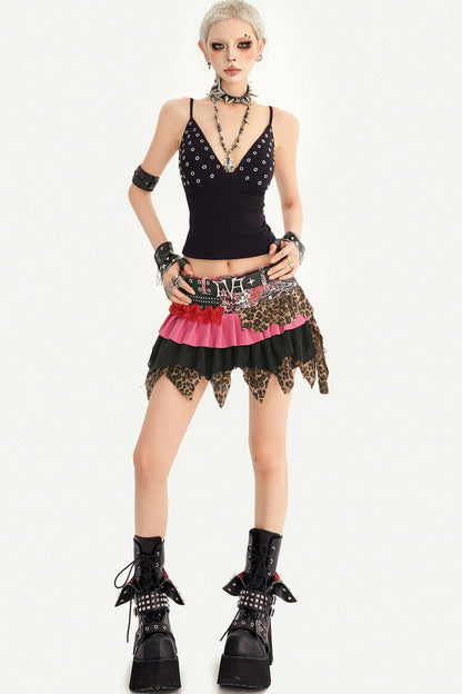 Y2K Leopard Patchwork Ruffle Skirt
