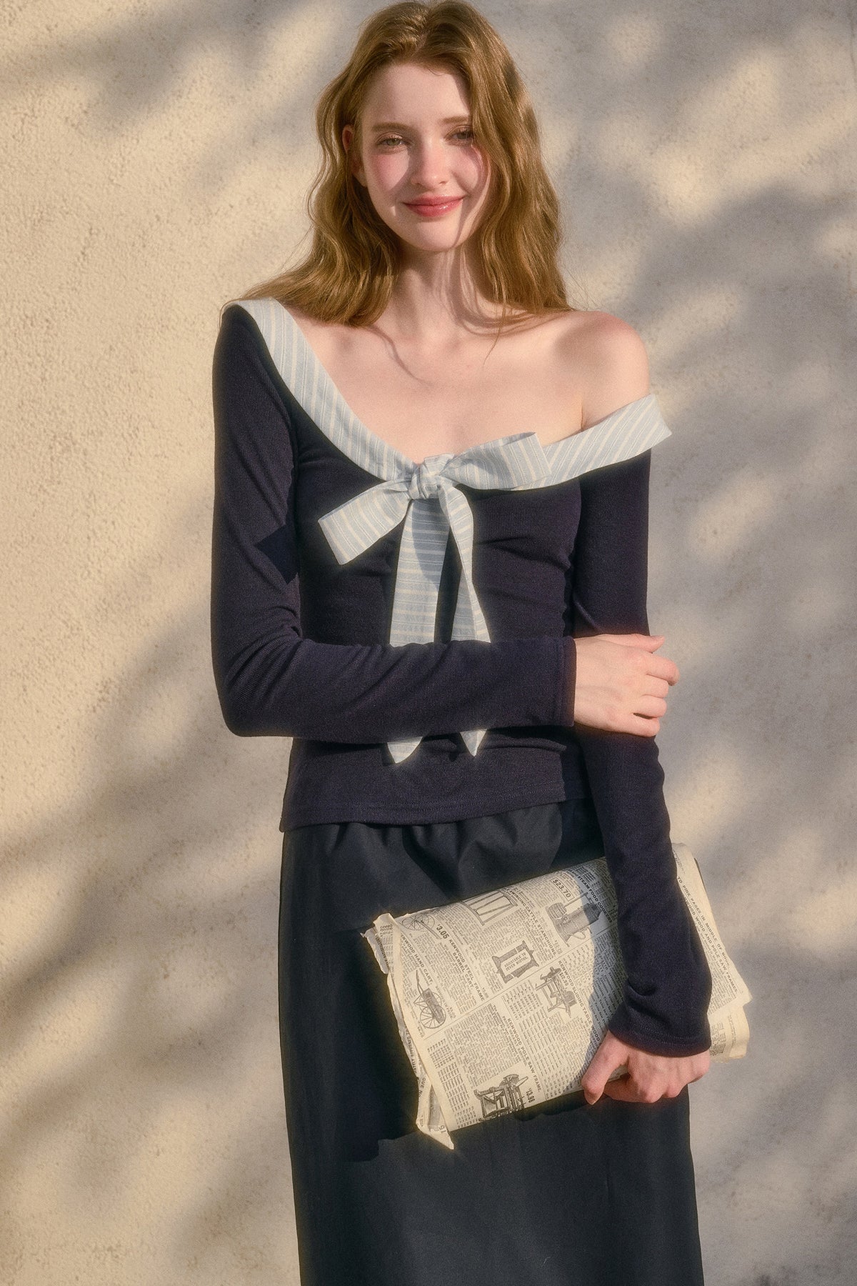 Off-Shoulder Big Bow Knit Top