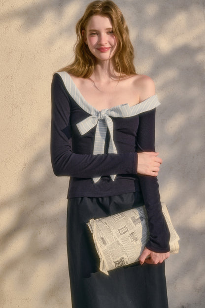 Off-Shoulder Big Bow Knit Top