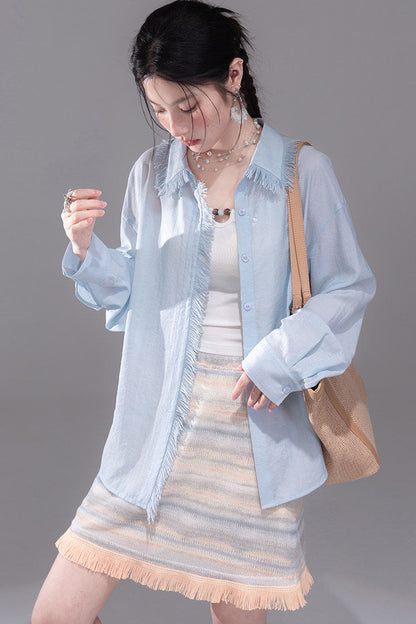 Star Mist Blue Tassel Lace Blouse