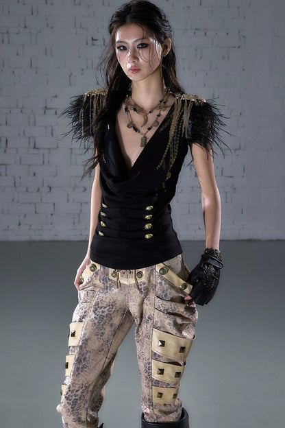Gold Foil Feather Fringe Vest