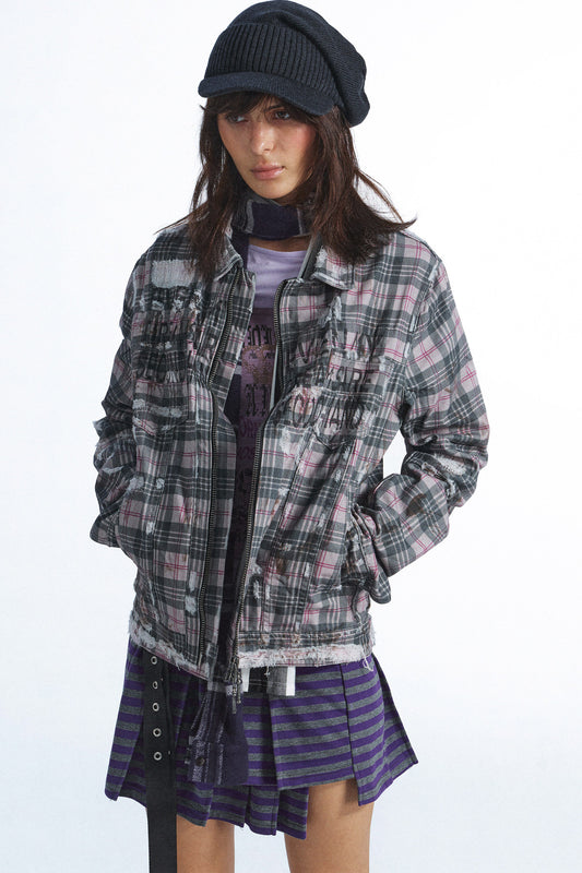 Karierte Jacke mit Graffiti-Print und Used-Effekten