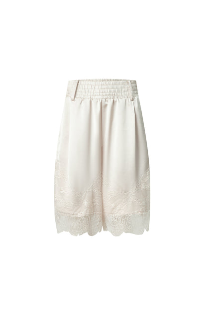 Satin Elastic Waist Lace Splicing Shorts