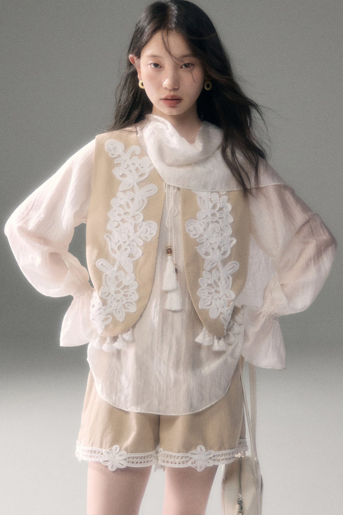 Three-Dimensional Rope Embroidery Floral Tencel Vest and Shorts Set-Up