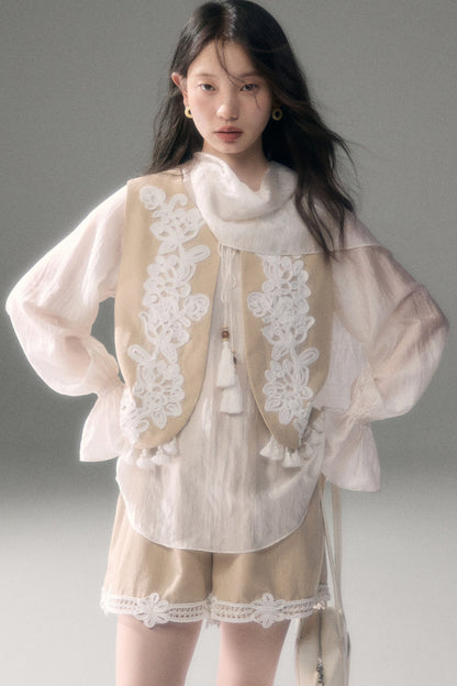 Three-Dimensional Rope Embroidery Floral Tencel Vest and Shorts Set-Up
