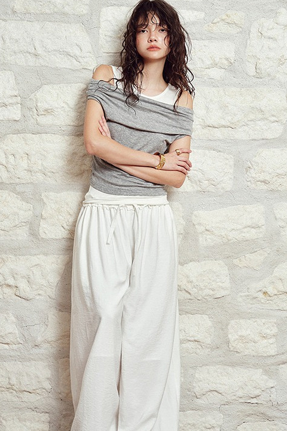 White High-Waisted Drawstring Lantern Pants