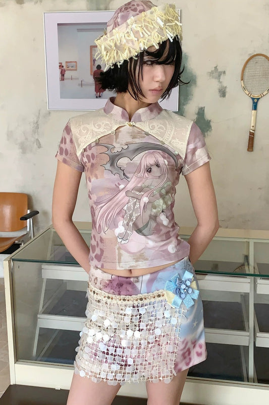 Cheongsam-Top aus Spitze im Patchwork-Stil