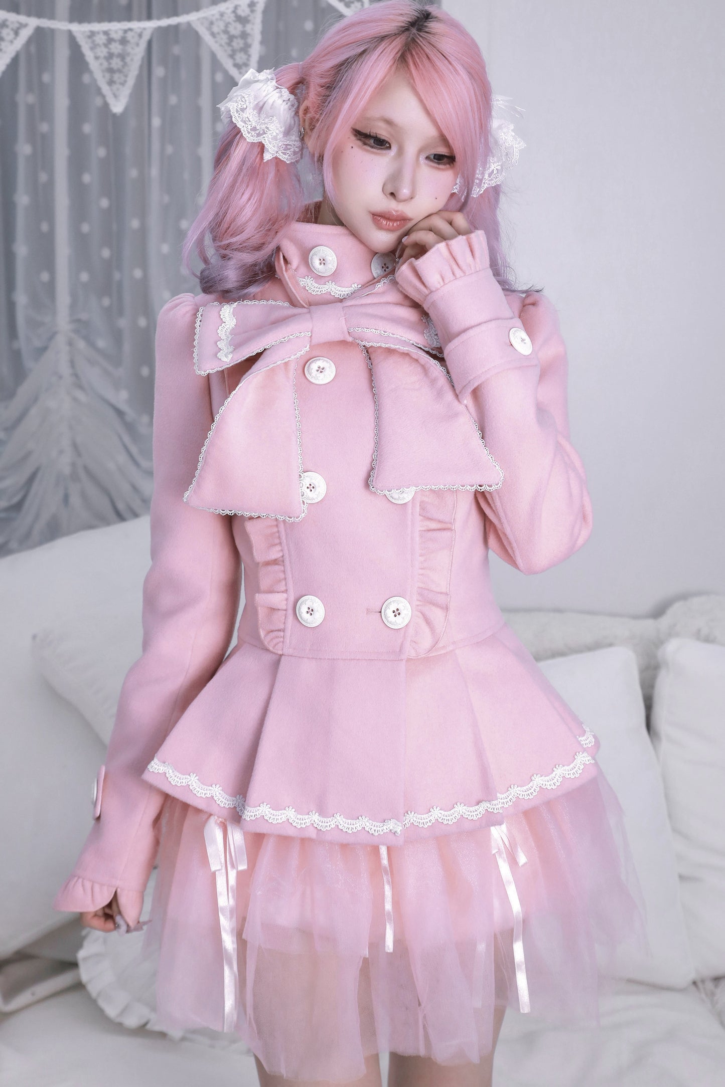 Detachable Bow Woolen Coat and Dress Set
