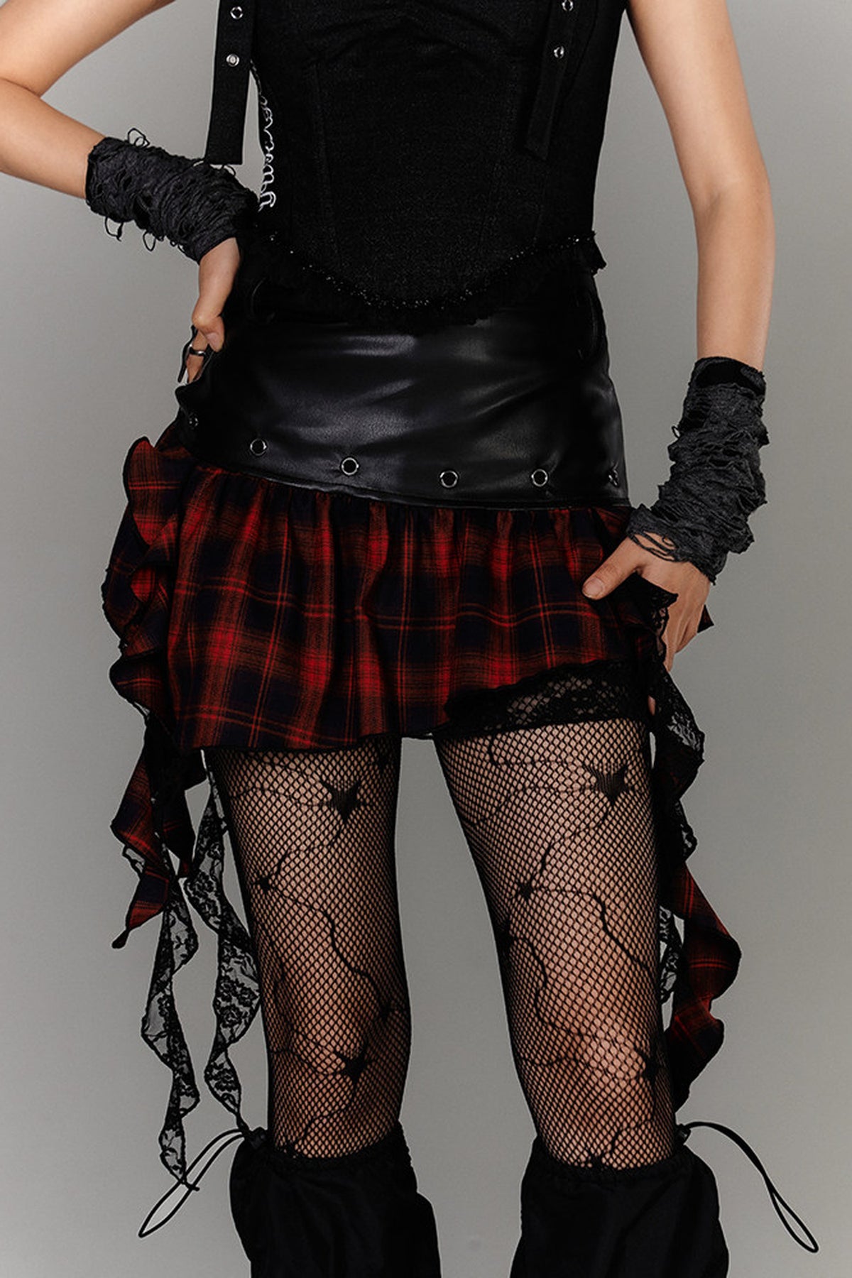 Irregular Hem Ruffle Patchwork Plaid Skirt