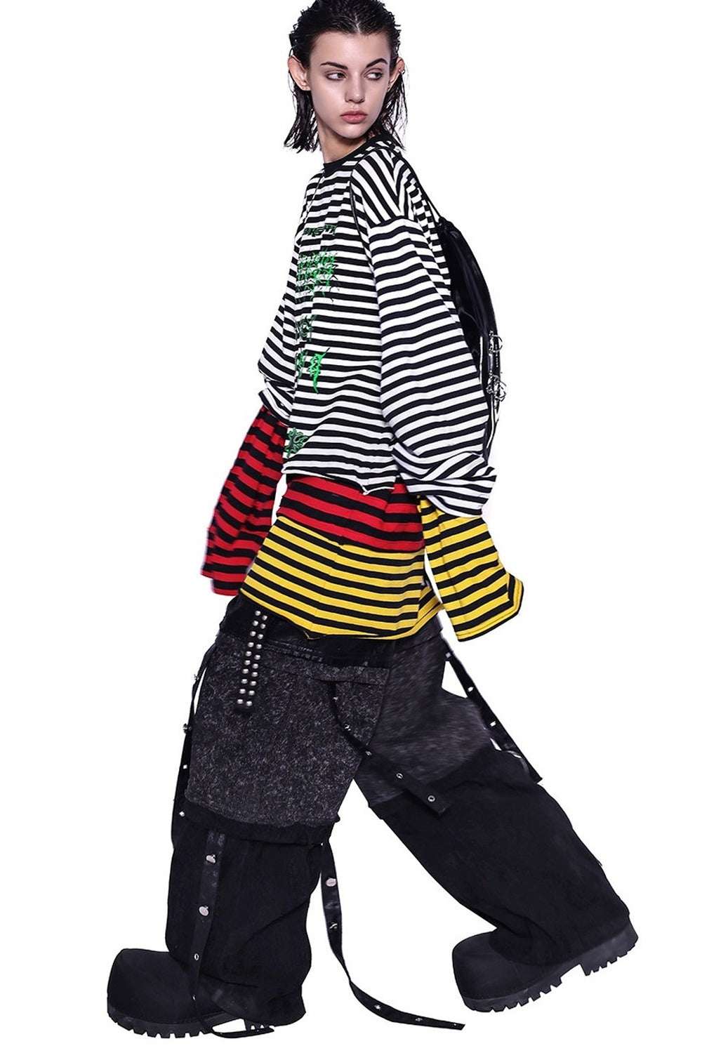 Stacked Patchwork Studded Belt Jeans