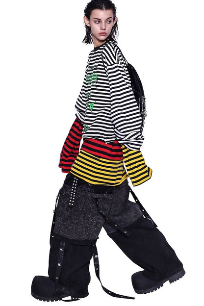 Stacked Patchwork Studded Belt Jeans