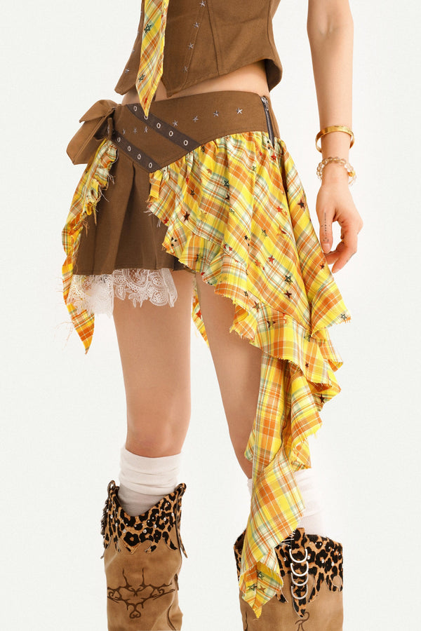 Retro Plaid Shirt and Pleated Skirt Set