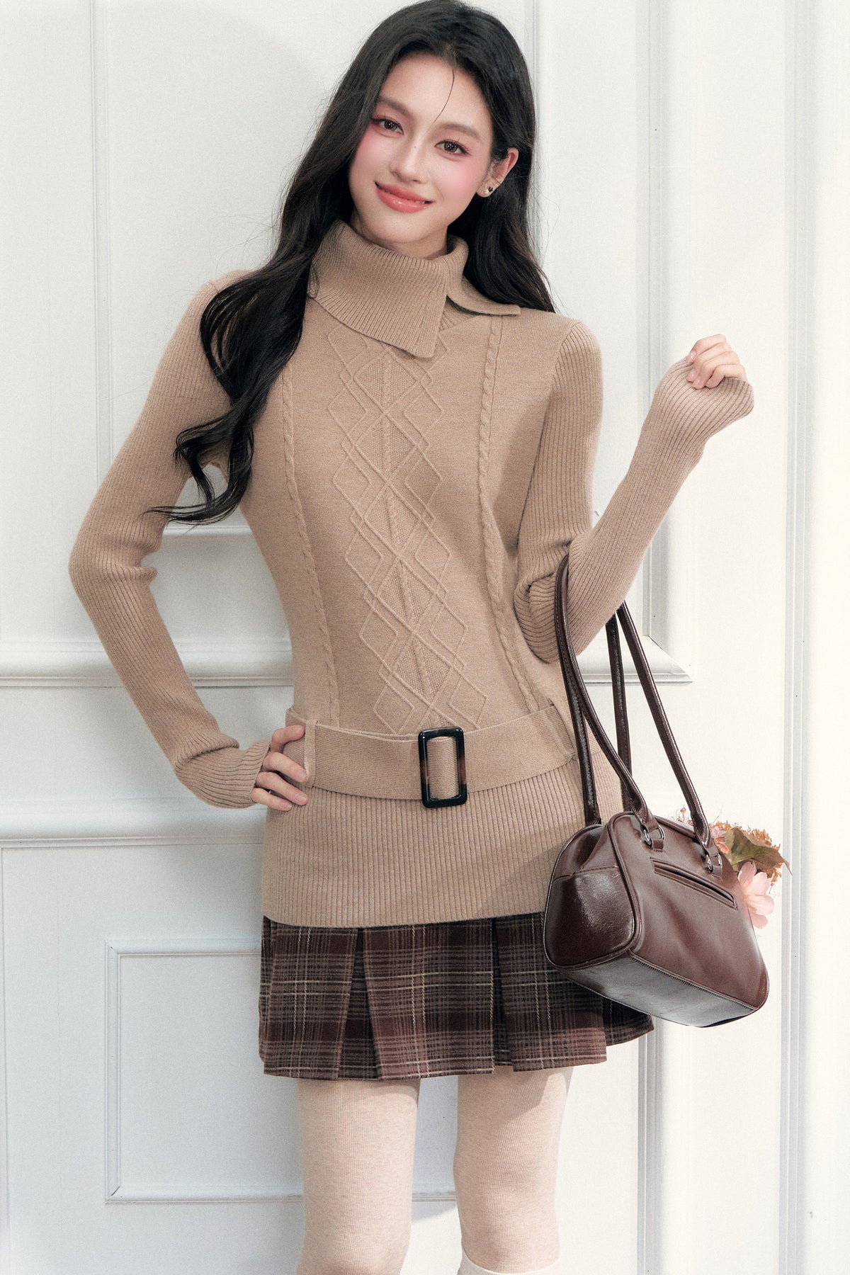 Retro High-Neck Belted Cable Knit Sweater