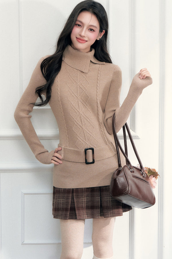 Retro High-Neck Belted Cable Knit Sweater