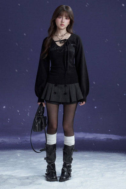 Schwarz-violetter Pullover mit V-Ausschnitt und Bindeband