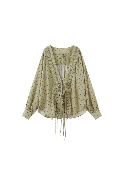 V-Neck Long Sleeve Polka Dot Blouse