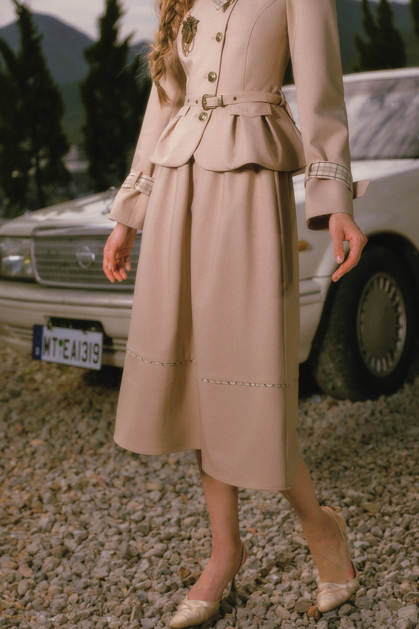 Khaki Trench Coat and Skirt Set-Up