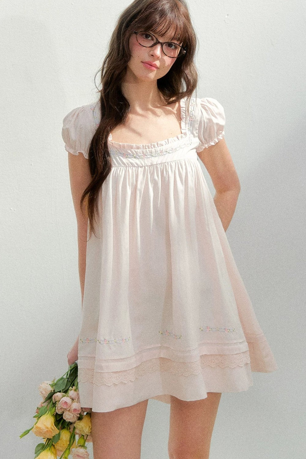 Square Neck Lace Embroidery Dress