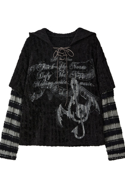 Light Striped Patchwork Hooded Knit Sweater