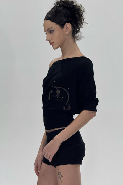 Two-Tone Rhinestone One-Shoulder T-Shirt