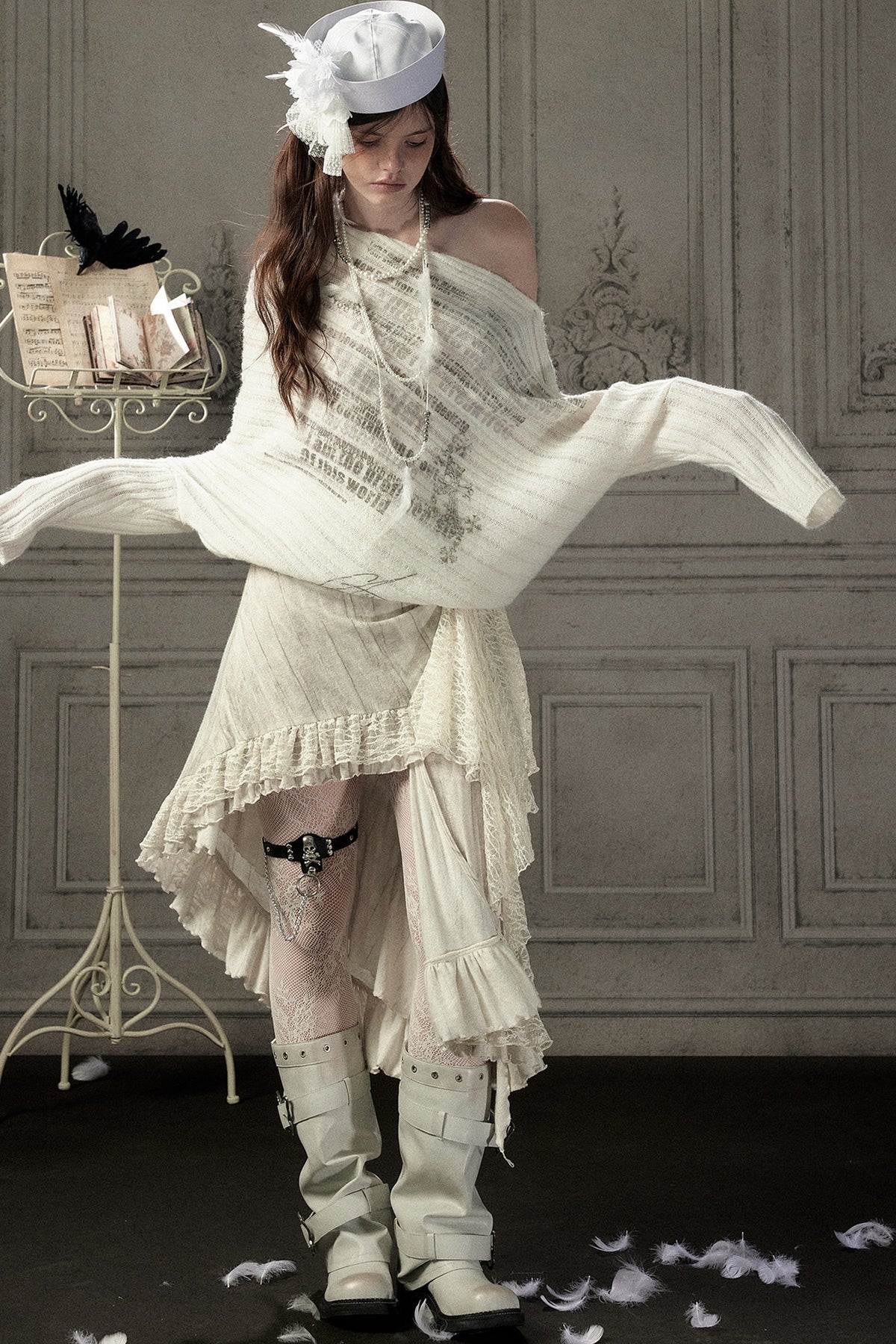Beige Asymmetrical Lace Spliced Skirt