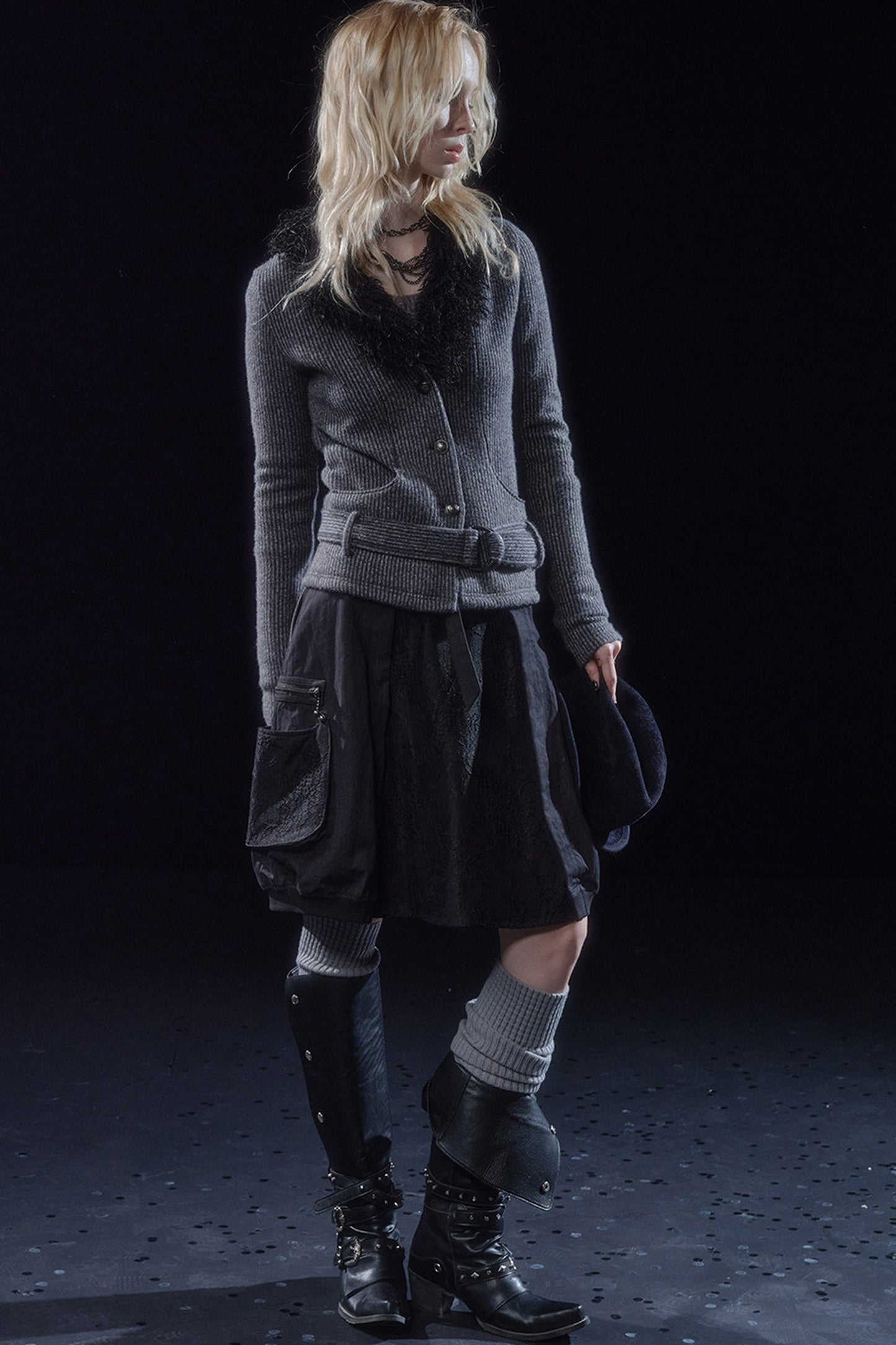 Fur Collar V-Neck Textured Knit Cardigan